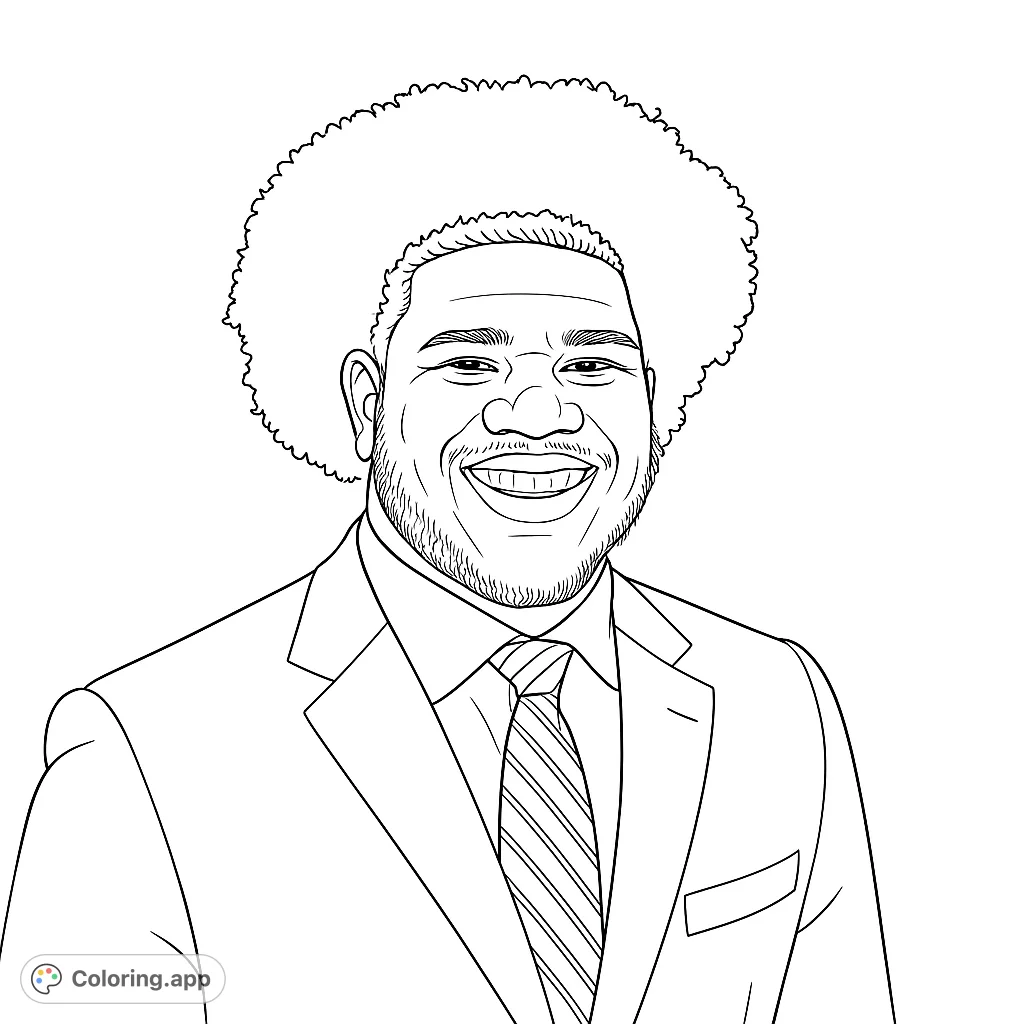 A vibrant portrait coloring page featuring a smiling man with a distinctive afro and beard, dressed in a sharp suit and striped tie. Perfect for all ages!