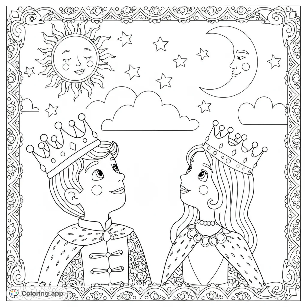 A charming prince and princess gaze at a smiling sun and moon, framed by an ornate border. A delightful fairytale coloring page.