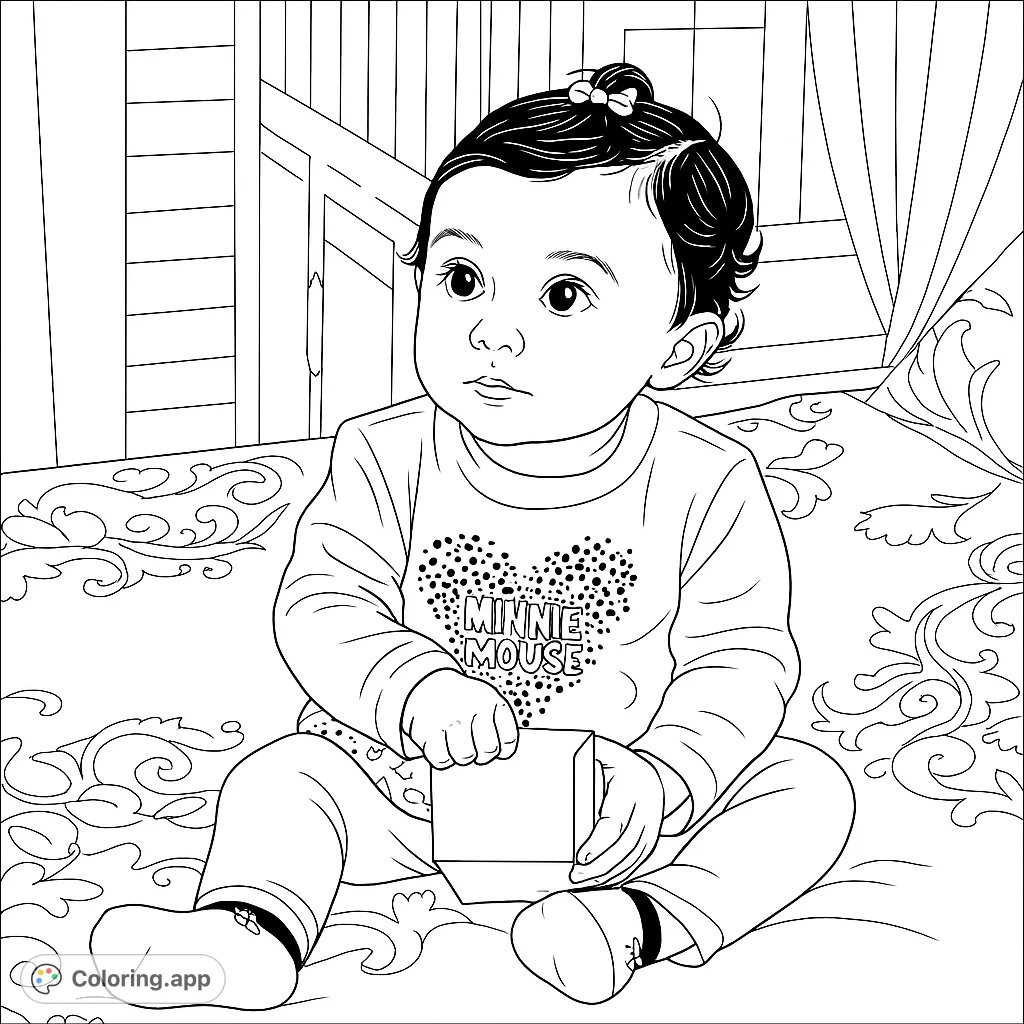 An adorable baby sits holding a block, ready for a burst of color. Perfect for young families and baby-themed projects, a free printable coloring page.