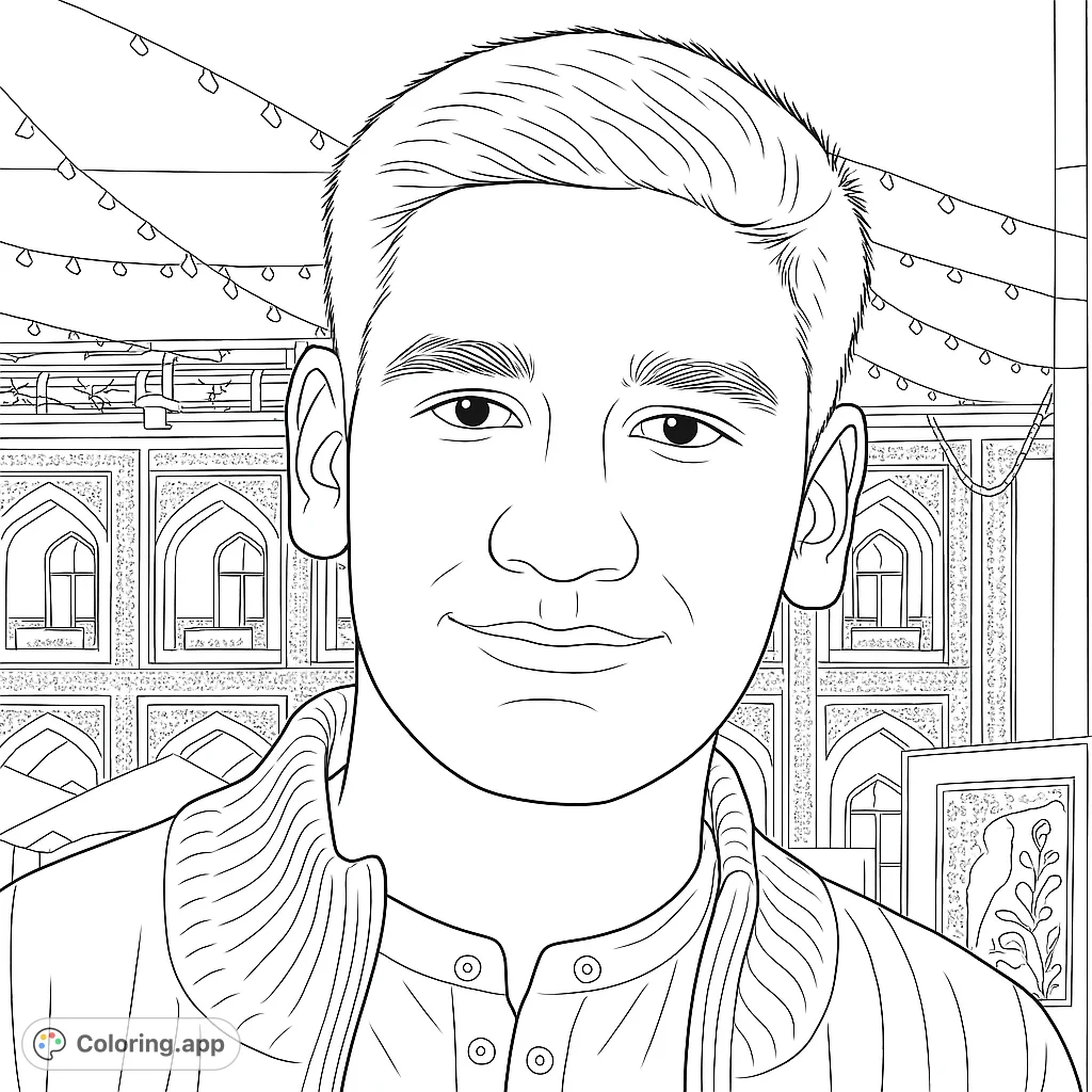 A smiling young man in front of an ornate building with arched windows and festive lights. Intricate details for a captivating coloring experience.