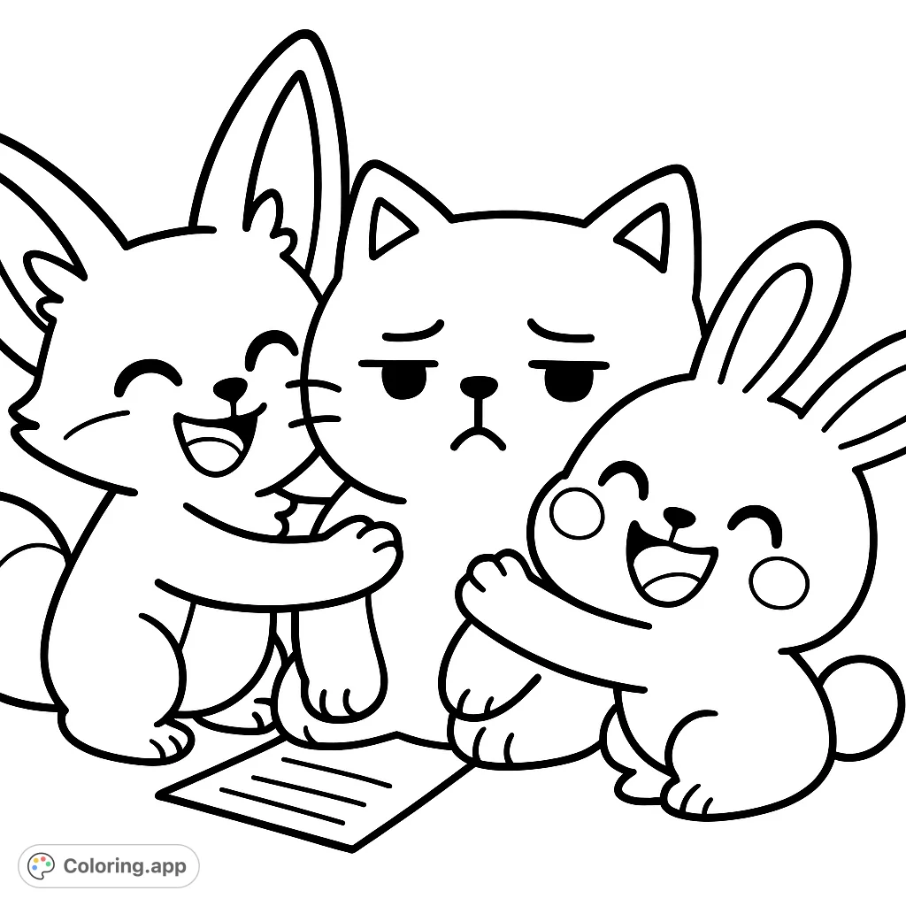 A charming animal friends coloring page featuring a grumpy cat hugged by a cheerful fox and bunny, perfect for a free printable coloring page.