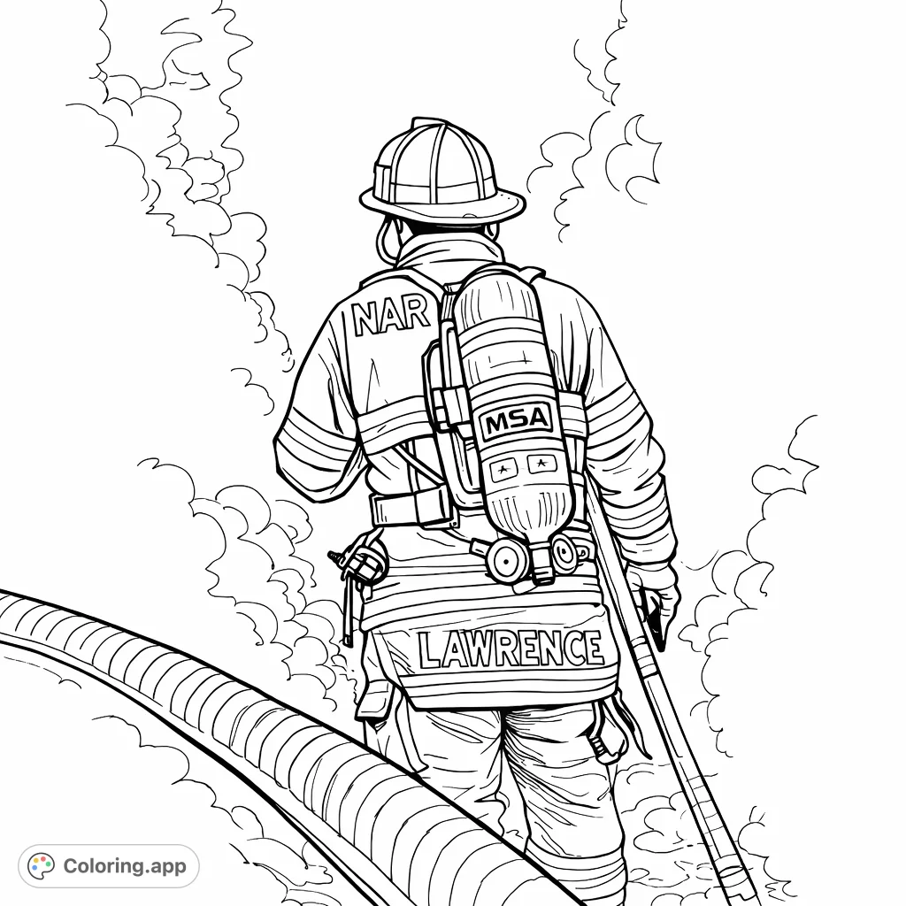 Step into action with this firefighter coloring page. A brave hero in full gear moves through a smoky scene, ready to help the community.