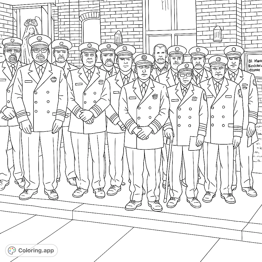 A detailed coloring page featuring a group of uniformed community heroes standing proudly in front of a classic brick building, ready for your creative touch.