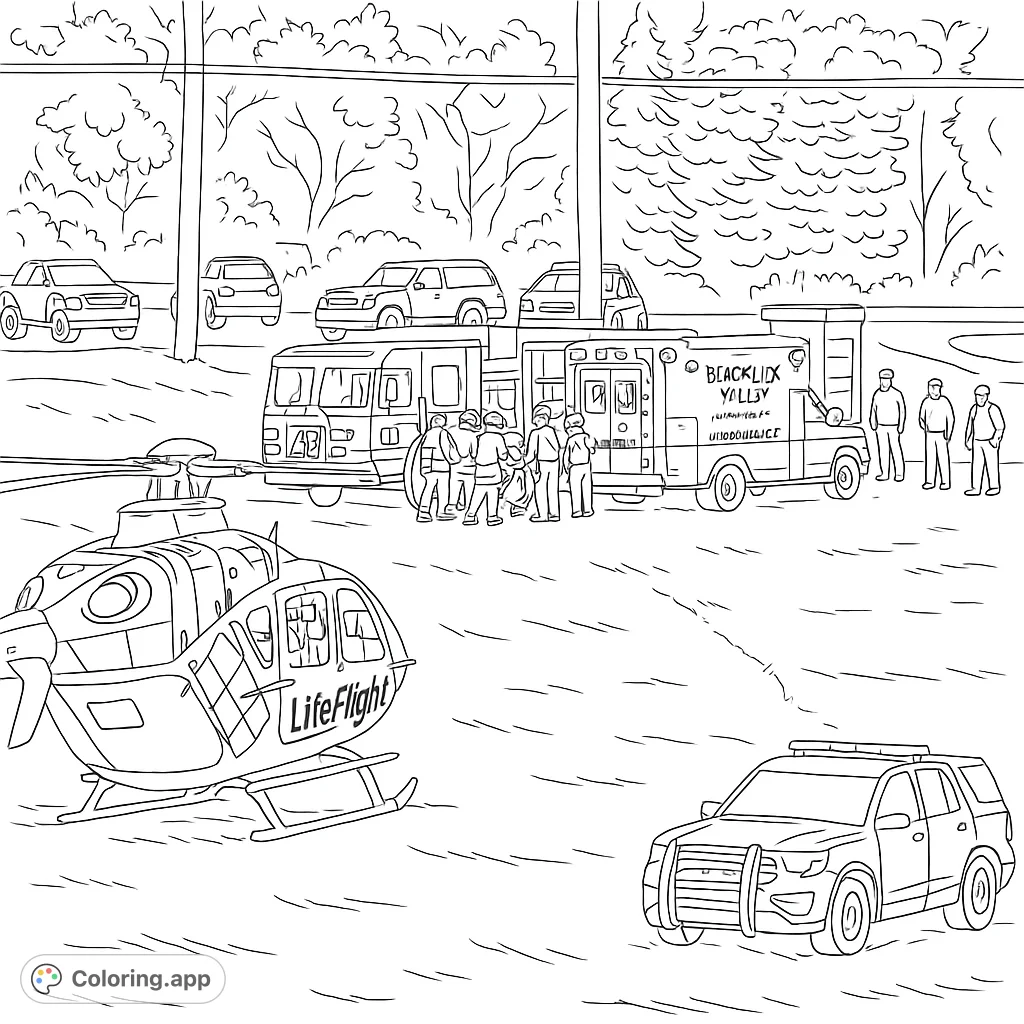 A dynamic emergency scene featuring a detailed helicopter, fire truck, ambulance, and police cars, surrounded by first responders and civilians.