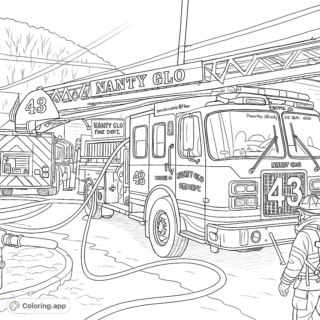 A powerful fire truck with an extended ladder and a brave firefighter, ready for action. A dynamic scene perfect for aspiring heroes.