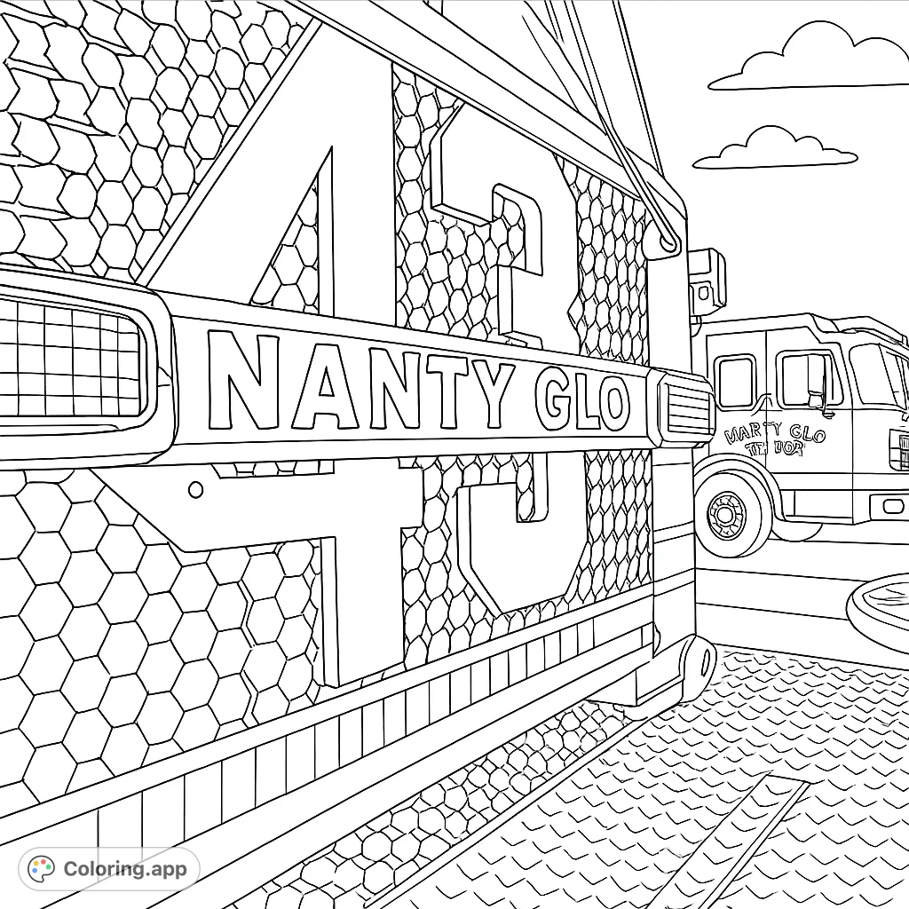 A dynamic utility truck with bold geometric patterns and a textured ground, perfect for a detailed vehicle coloring page. Free printable for all ages.