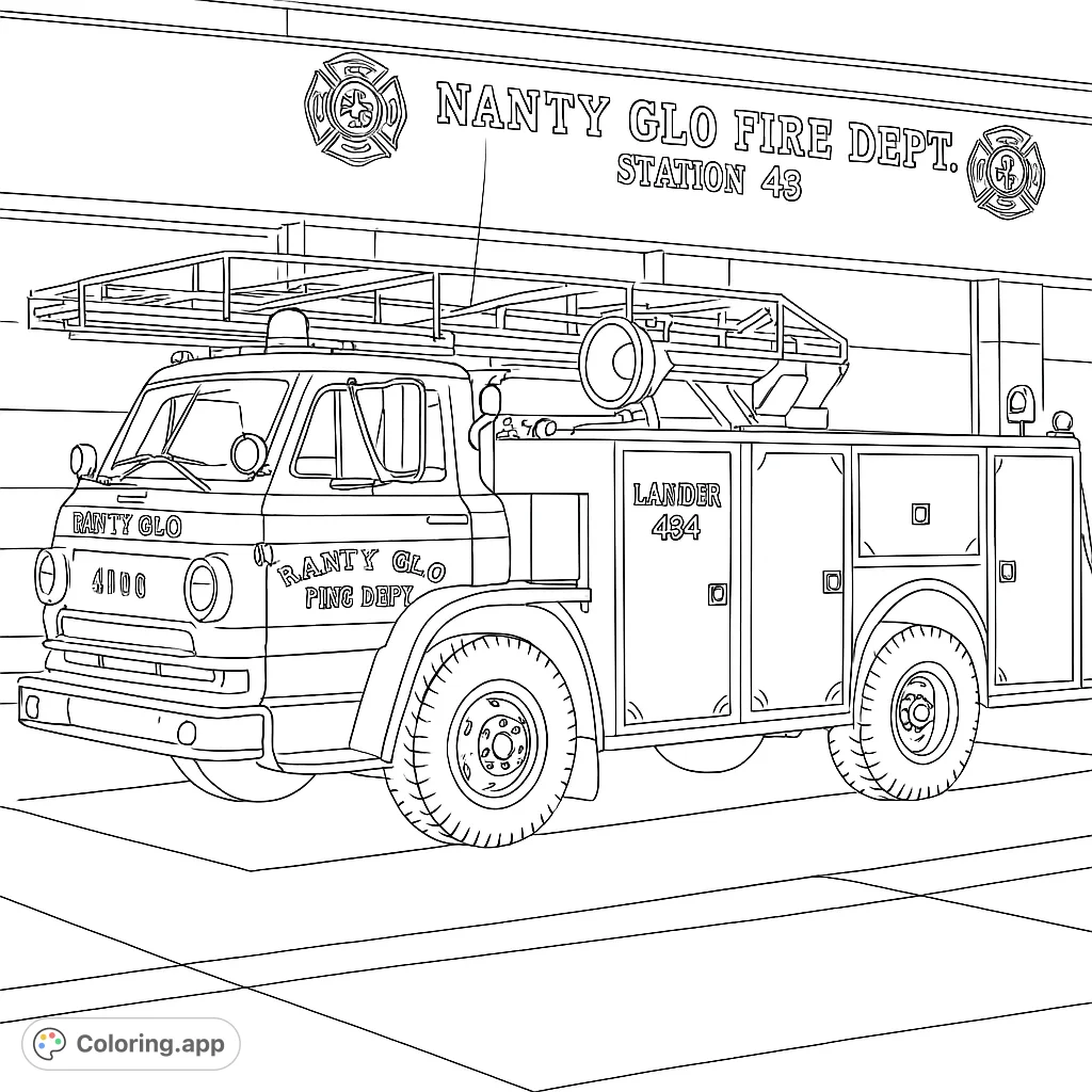Color a detailed vintage fire truck, complete with a ladder and equipment, parked in front of a classic fire station. Perfect for vehicle enthusiasts.