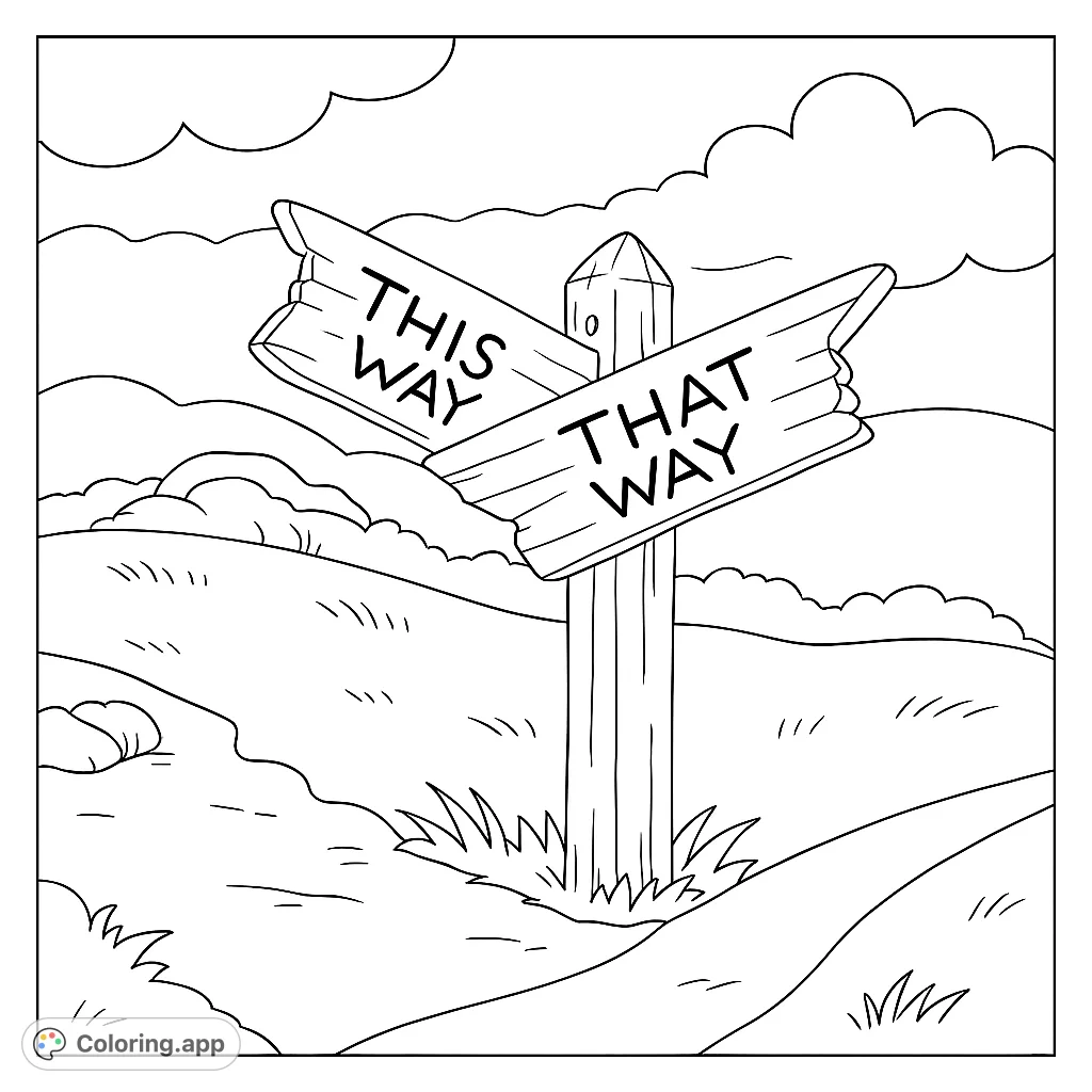 Explore a rustic signpost at a crossroads, inviting choices and adventure. A free printable landscape coloring page for all ages.