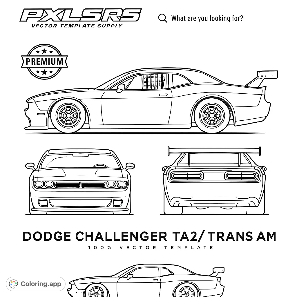 Unleash your creativity with this detailed Dodge Challenger TA2/Trans Am coloring page, featuring multiple dynamic views of the iconic muscle car.