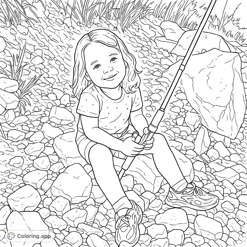 A delightful fishing coloring page featuring a smiling child on a rocky riverbank with a fishing rod. Perfect free printable coloring page for kids.