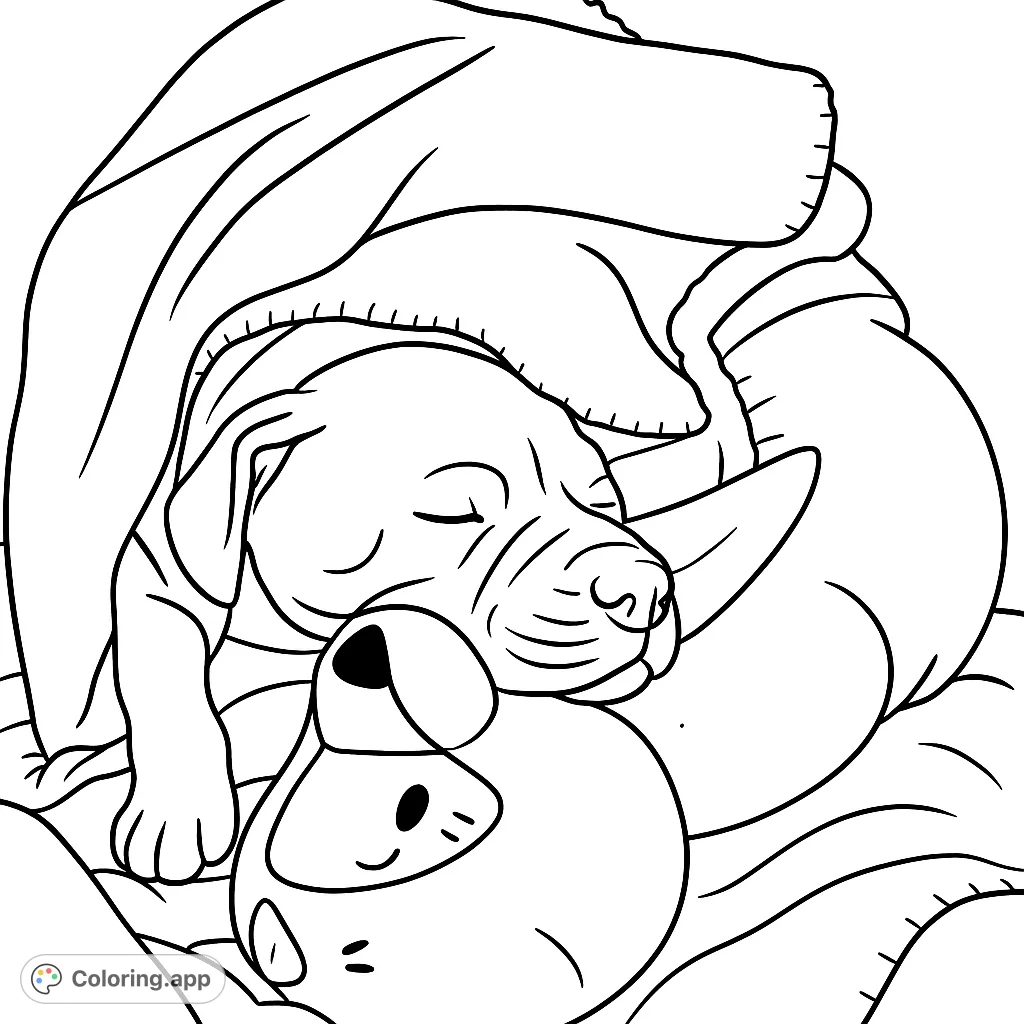 A sweet puppy sleeps soundly with its plush toy, snuggled under a cozy blanket. A heartwarming scene to color!