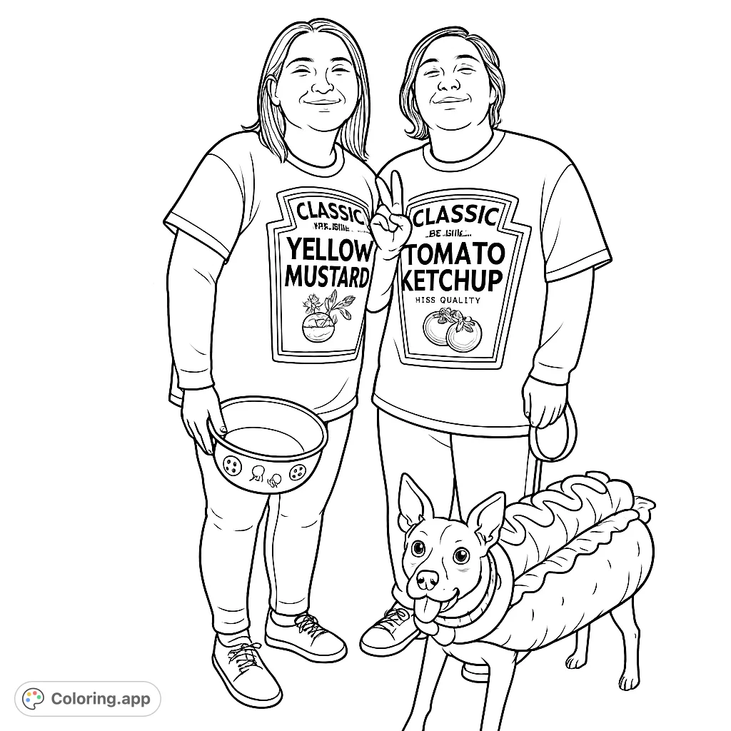 A playful condiment-themed duo with a cute dog in a hot dog costume. This fun, free printable coloring page is perfect for all ages.