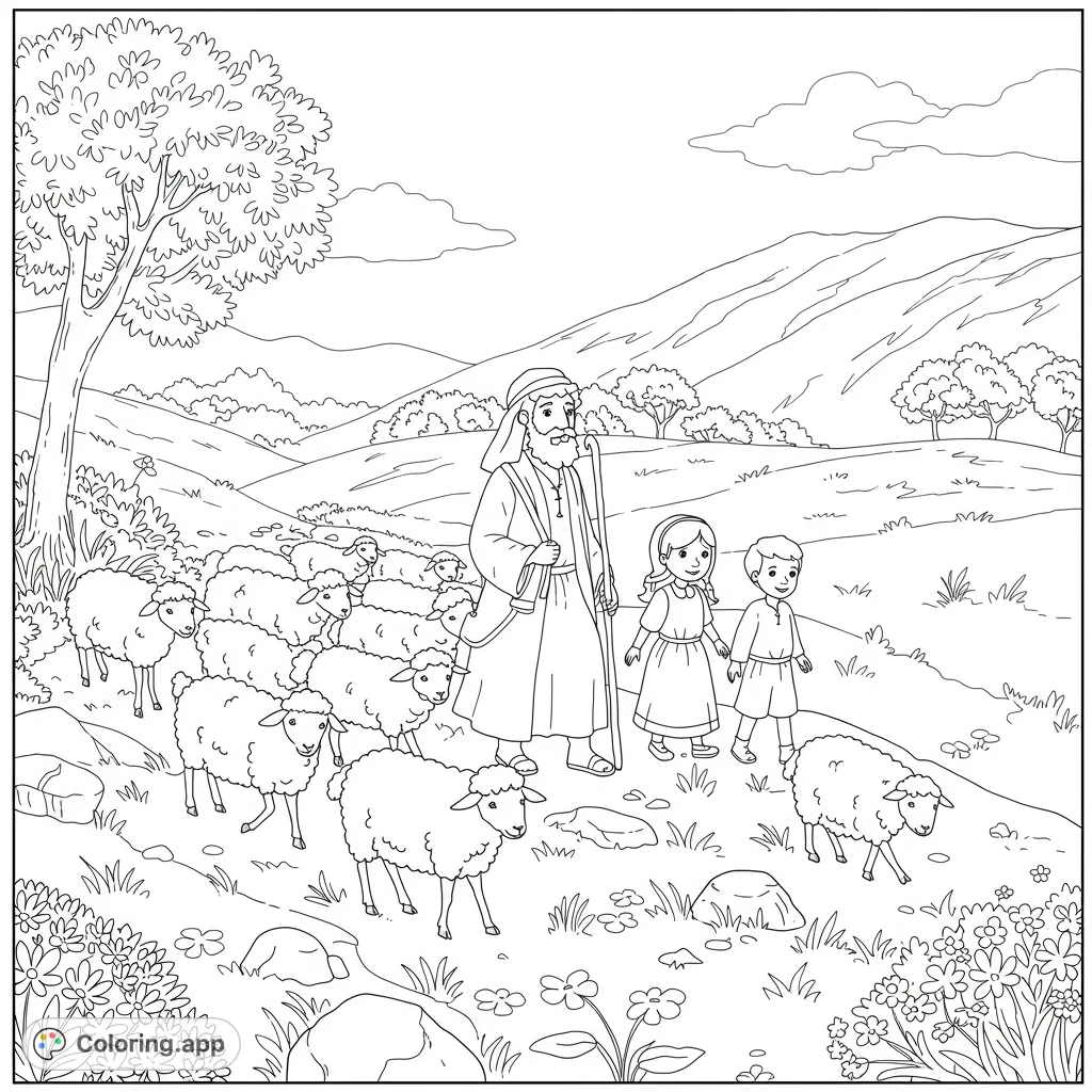 A shepherd, two children, and their flock traverse rolling hills. A peaceful pastoral scene for a free printable coloring page.