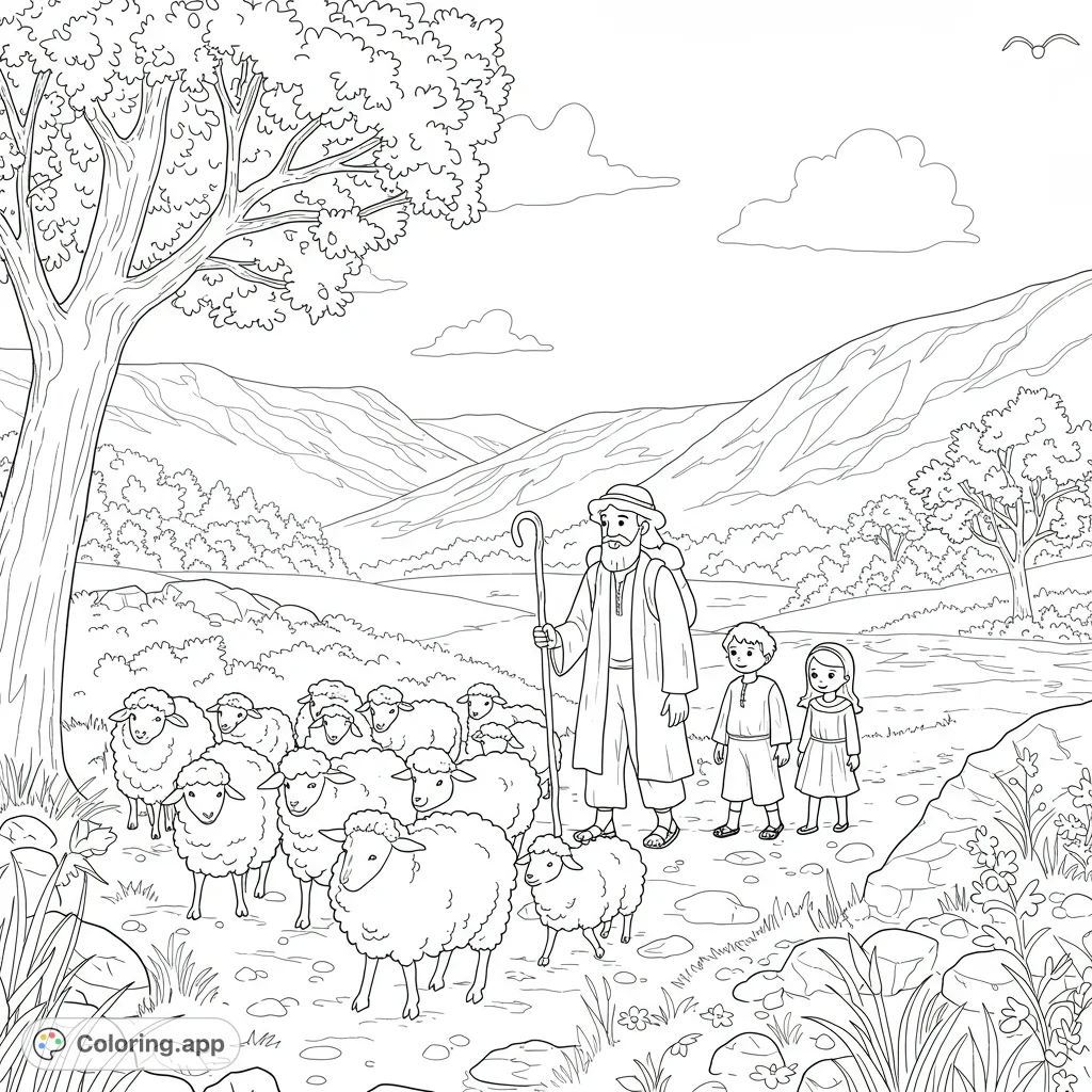 A serene pastoral scene featuring a shepherd, two children, and a flock of sheep walking through rolling hills. Perfect for a peaceful coloring experience.