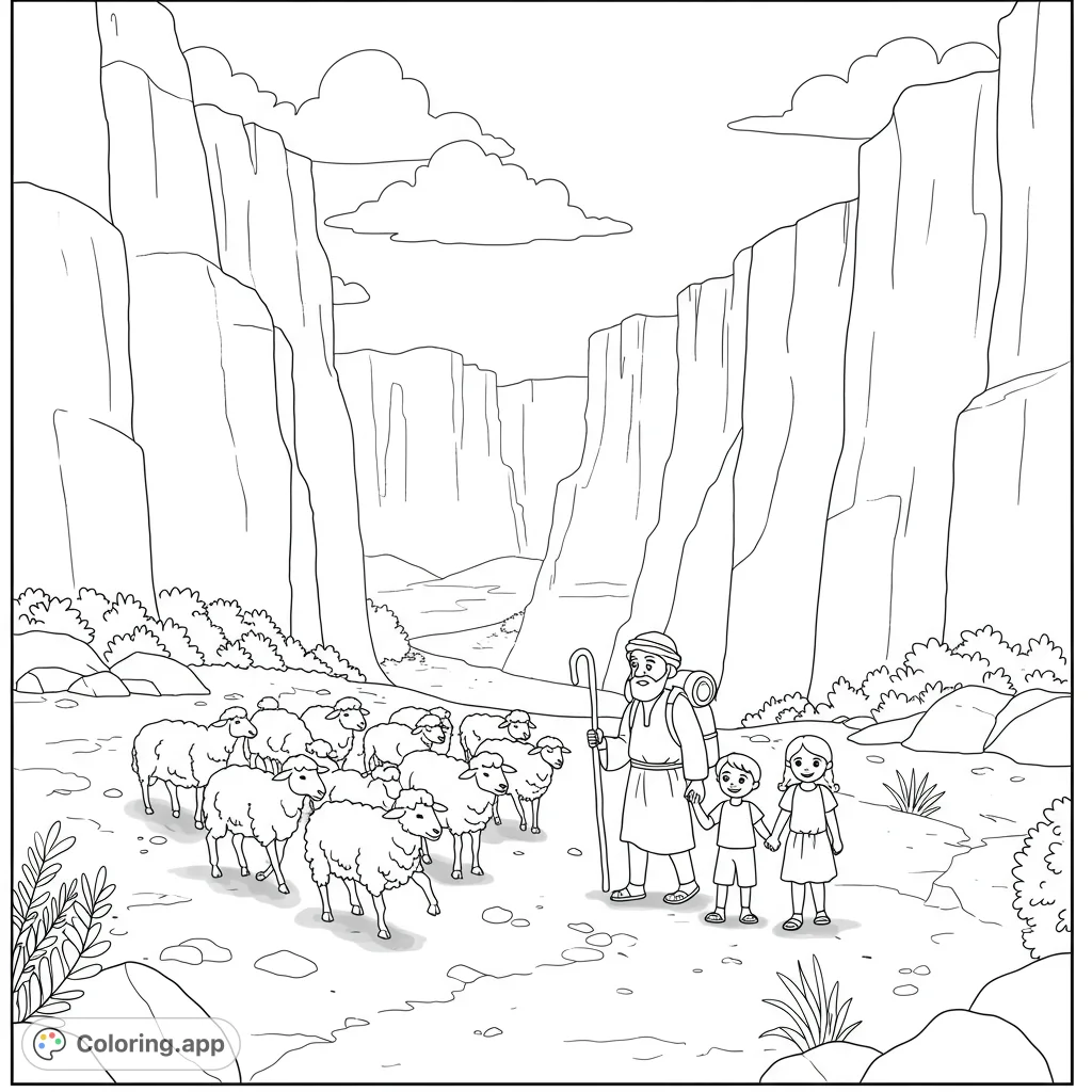 A peaceful shepherd, children, and sheep journey through a majestic canyon. A free printable shepherd coloring page for kids and adults.