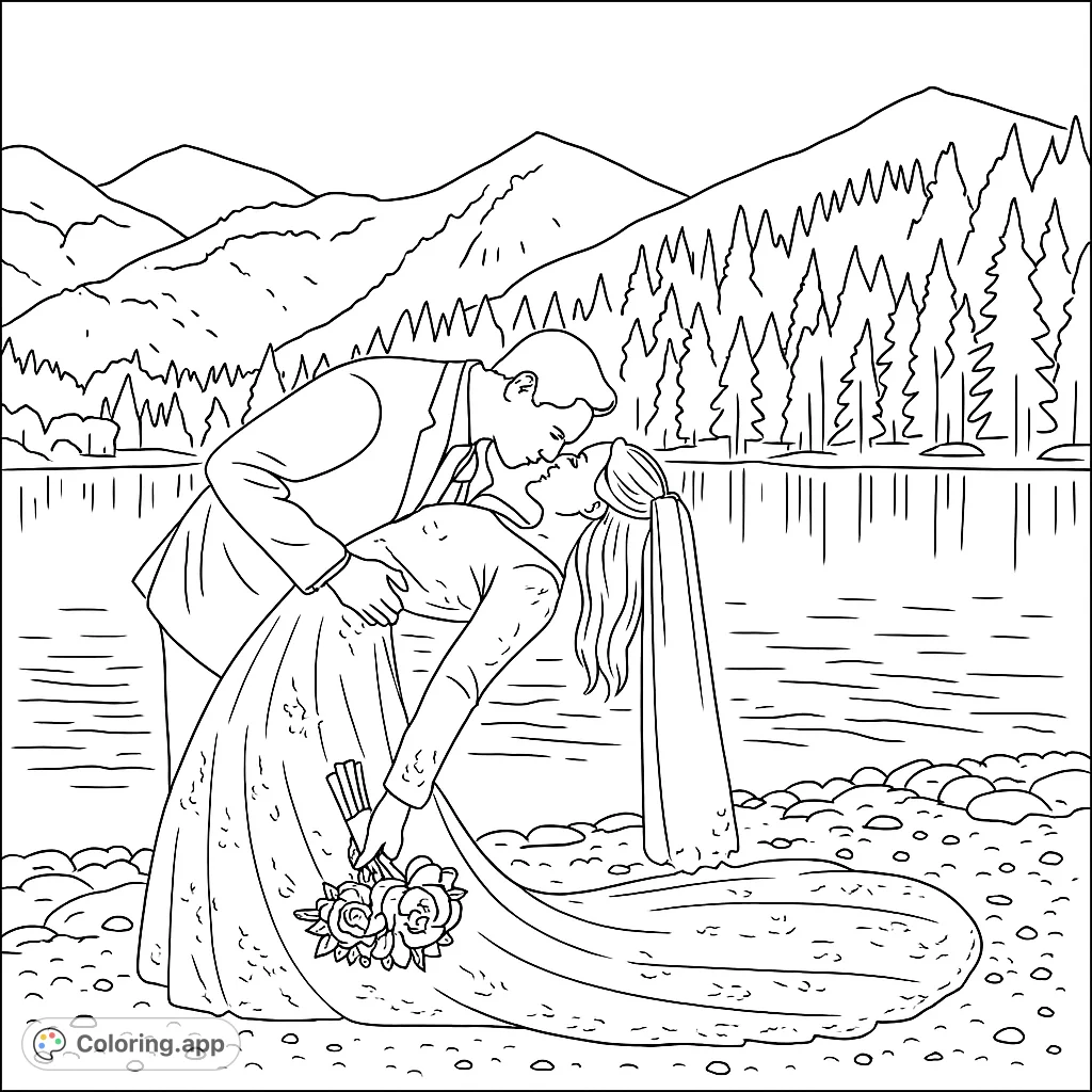 A beautiful wedding coloring page featuring a groom dipping his bride for a kiss by a serene lake with mountains and trees. Perfect for celebrating love.