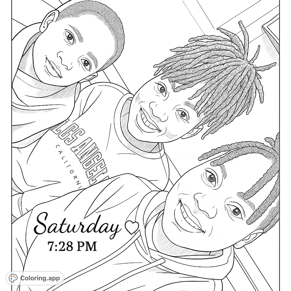 A heartwarming coloring page featuring three smiling people. This drawing captures a moment of joy and connection, perfect for adding your personal touch.