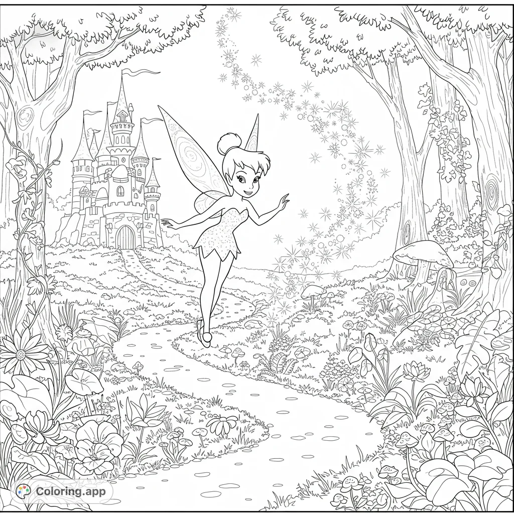 A whimsical coloring page featuring Tinkerbell in a forest scene. Includes a fairy castle, magical path, and sparkling dust.