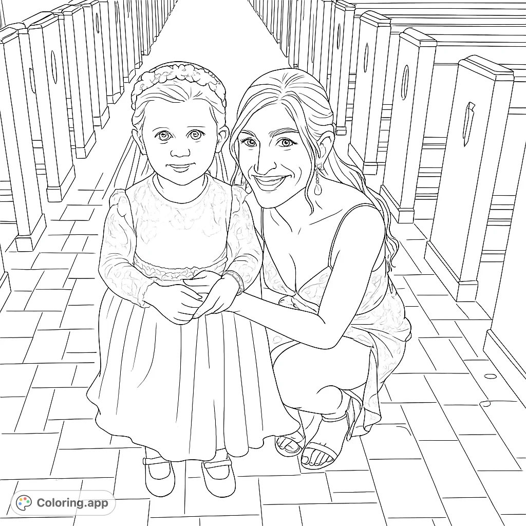 A heartwarming scene of a woman and a child in a formal aisle, perfect for a special day coloring page. Free printable for all ages.