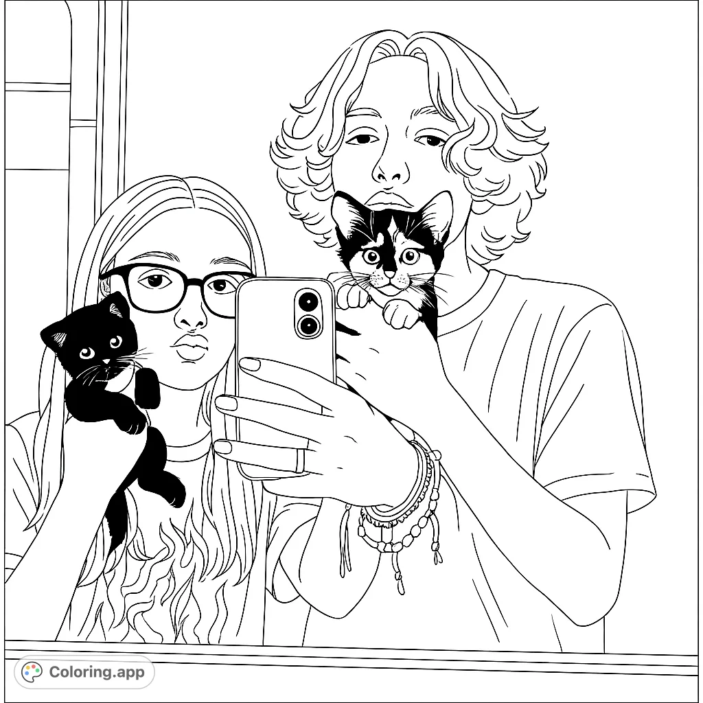 A heartwarming selfie moment featuring two friends and their adorable kittens. Perfect for animal lovers and those who enjoy detailed, expressive portraits.