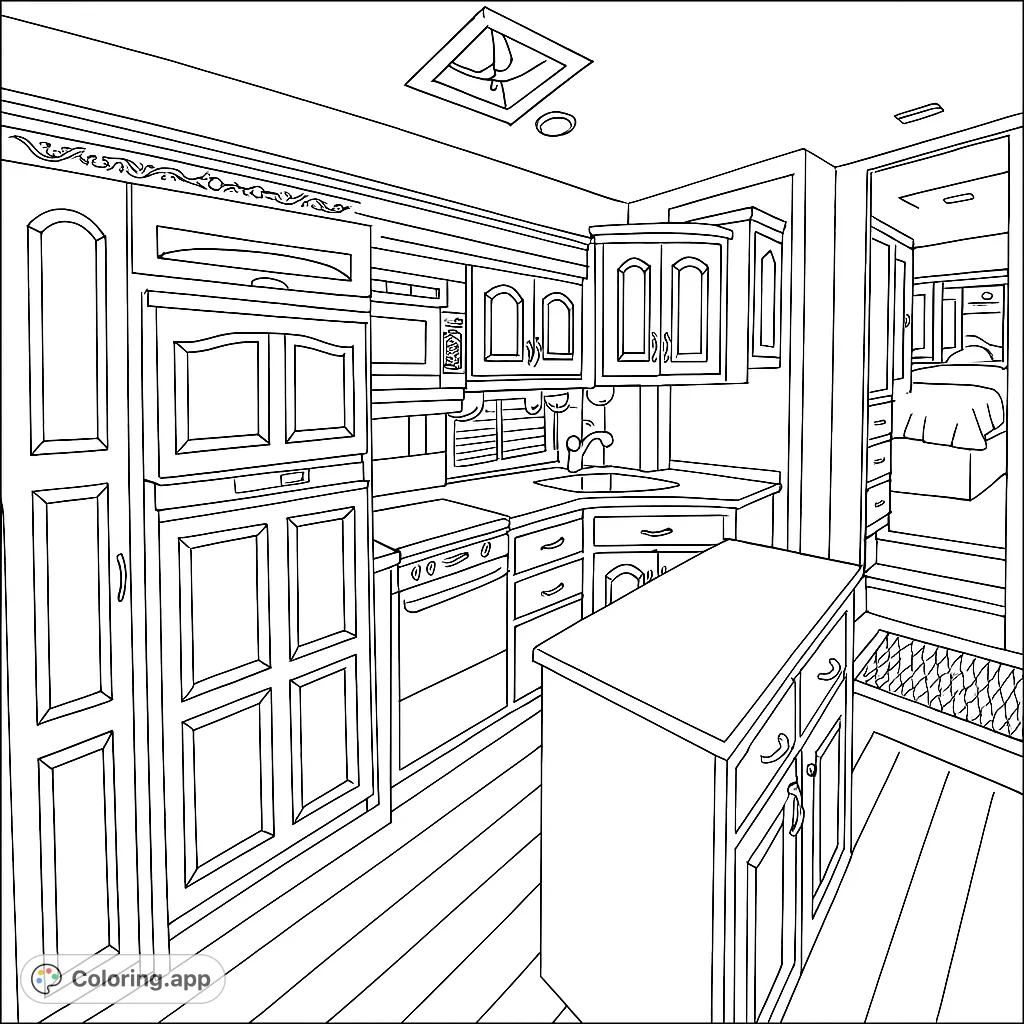 Explore a detailed RV kitchen coloring page, featuring compact cabinets, appliances, and a central island. Perfect for travel enthusiasts and home decor lovers.
