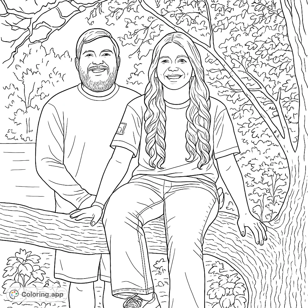 A heartwarming free printable couple's portrait coloring page featuring a smiling man and woman on a tree branch, surrounded by nature.