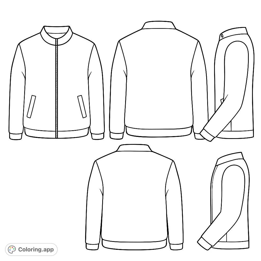 Explore fashion with this bomber jacket coloring page! Features front, back, and side views for creative design.