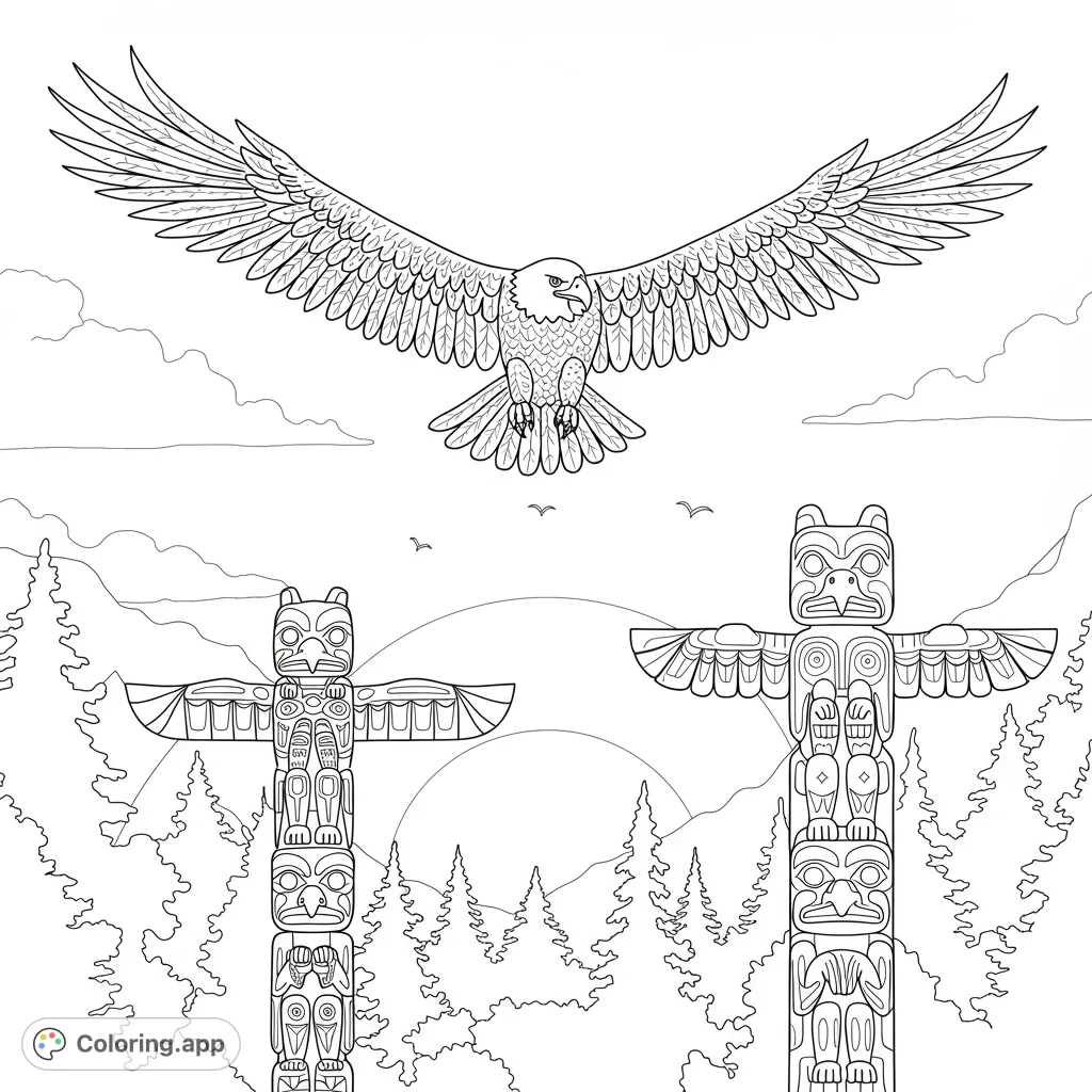 Soaring eagle and intricate totem poles against a mountain forest backdrop. A powerful Native American cultural coloring page for all ages.