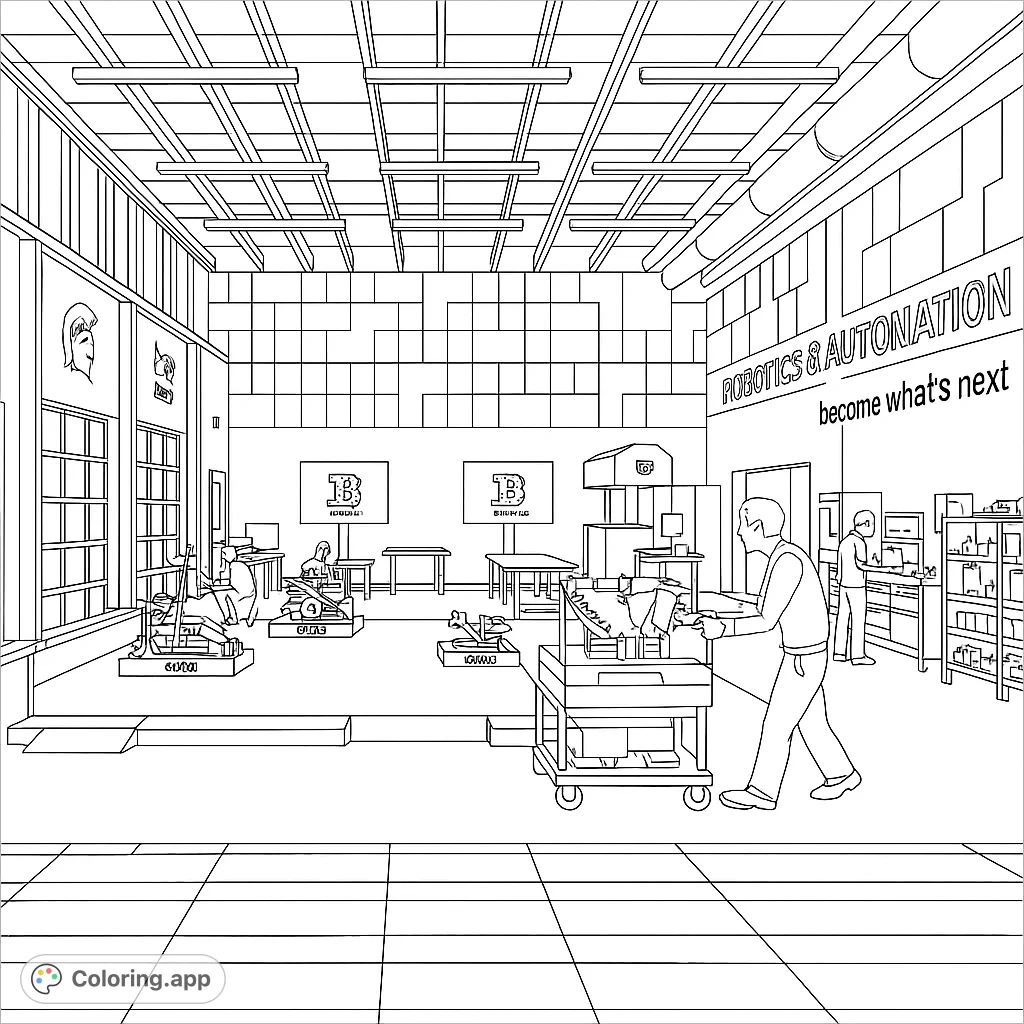 Explore a dynamic robotics lab coloring page, featuring engineers, advanced machinery, and futuristic designs. A free printable coloring page for all ages.