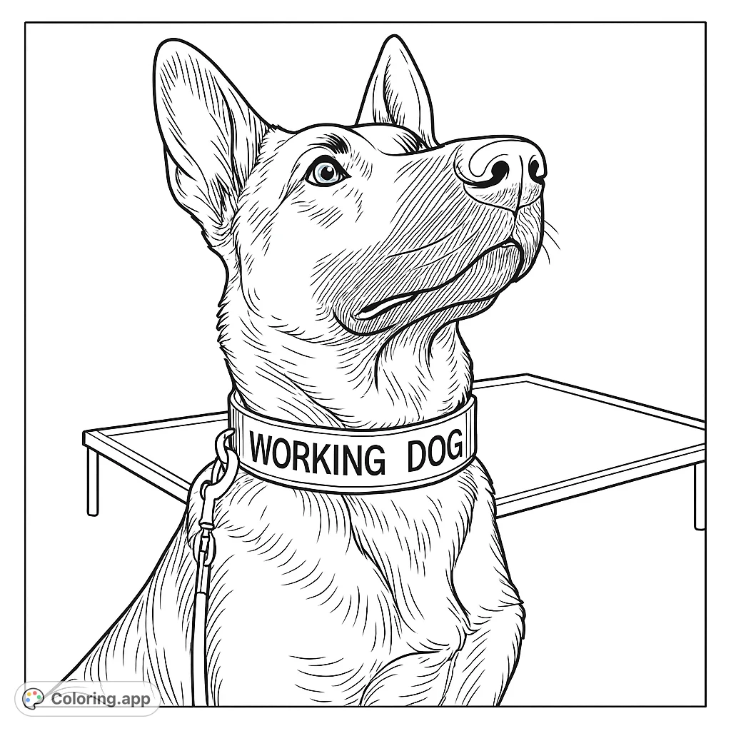 Detailed black and white line drawing of an alert working dog with a collar and leash, looking intently upwards. Perfect for dog lovers.