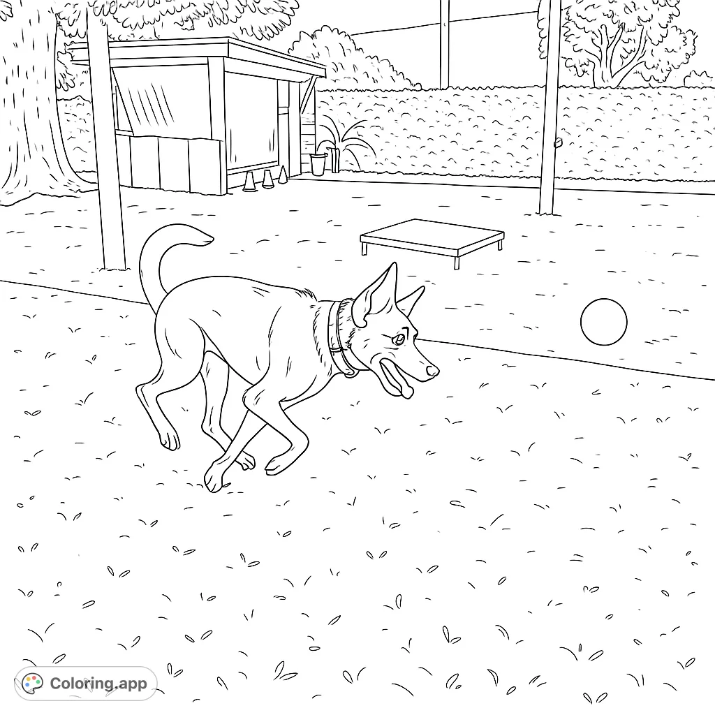 A playful dog mid-run, chasing a ball in a vibrant park setting. This free printable dog coloring page is perfect for kids and adults who love animals!