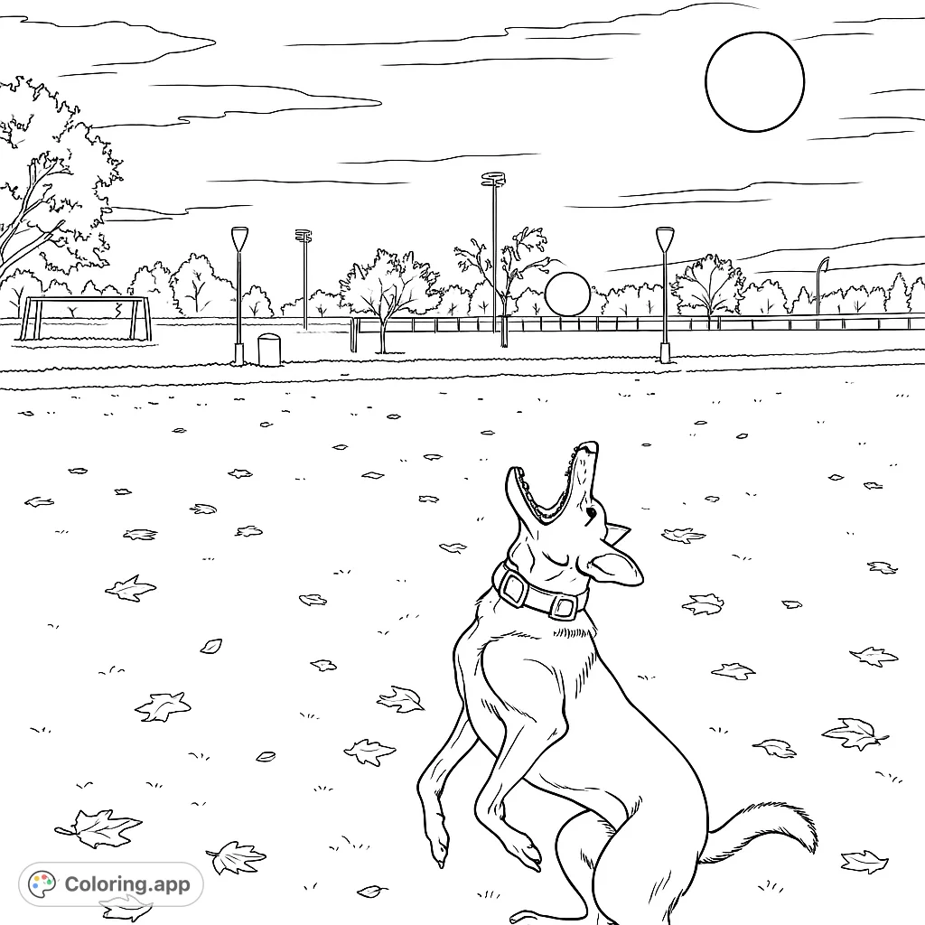 A playful dog leaps to catch a ball in a vibrant park scene, surrounded by trees and scattered leaves. A fun, free printable dog coloring page for all ages.