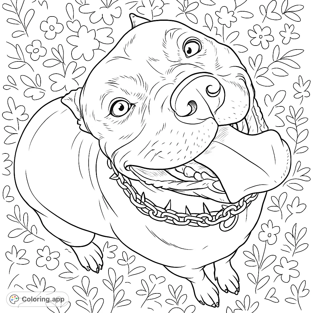 A joyful pit bull with a spiked collar looks up, tongue out, surrounded by simple flowers. A charming free printable dog coloring page.