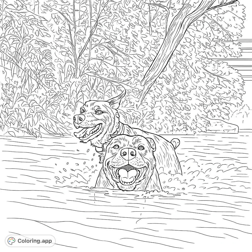 Two happy dogs joyfully swim in water amidst lush foliage. A delightful and playful scene perfect for a free printable dog coloring page.