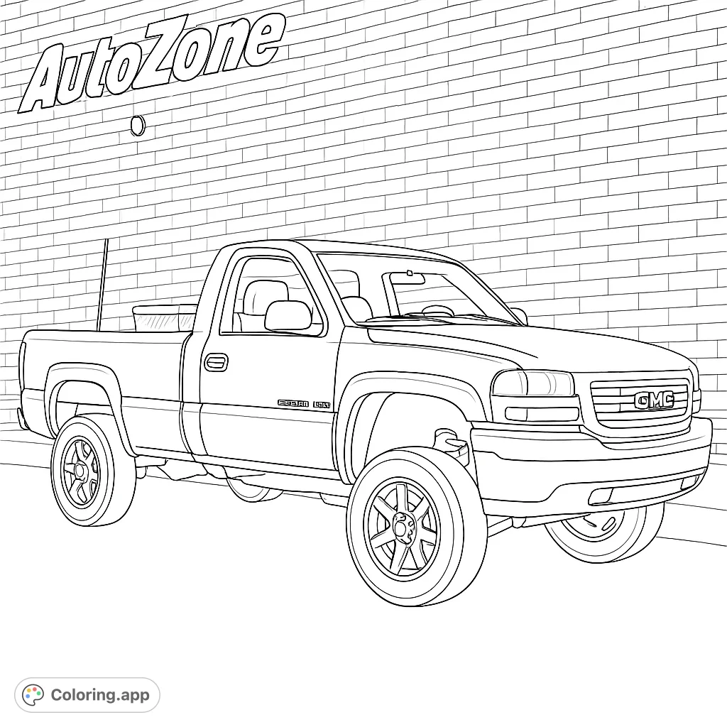 A detailed line art of a rugged pickup truck parked against a textured brick wall, perfect for vehicle enthusiasts and creative coloring.
