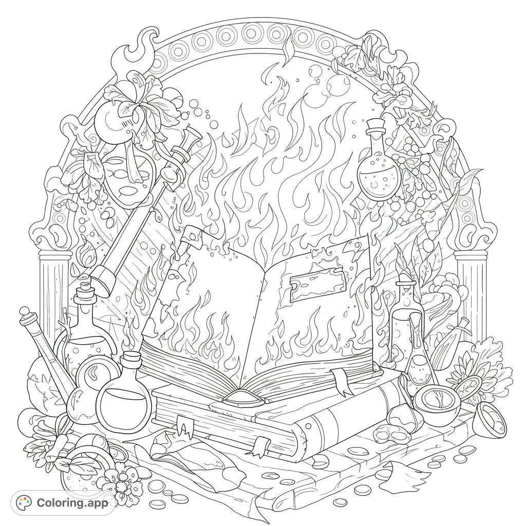An intricate magic book coloring page featuring a burning spellbook surrounded by alchemical potions, mystical herbs, and ancient artifacts within an ornate frame.