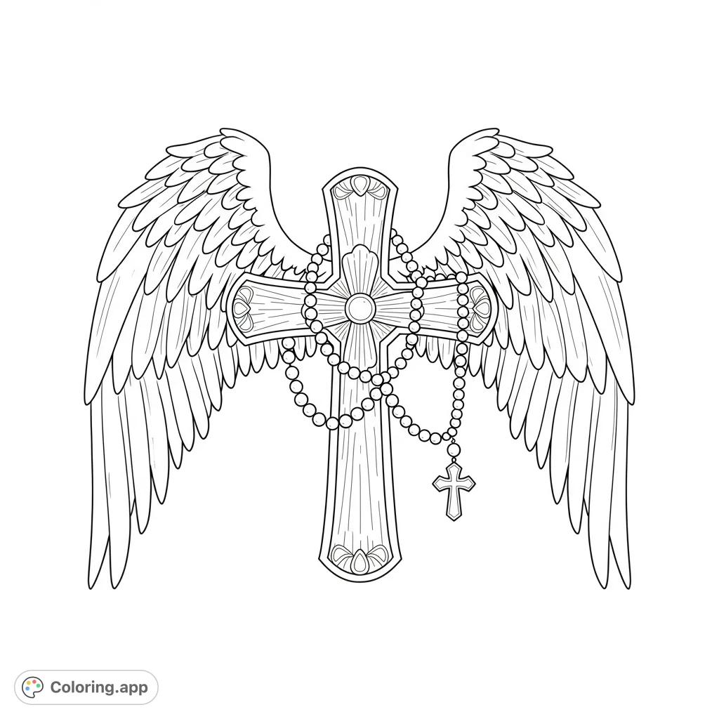 A powerful religious symbol coloring page featuring an ornate cross with majestic angel wings and a draped rosary, perfect for spiritual reflection.