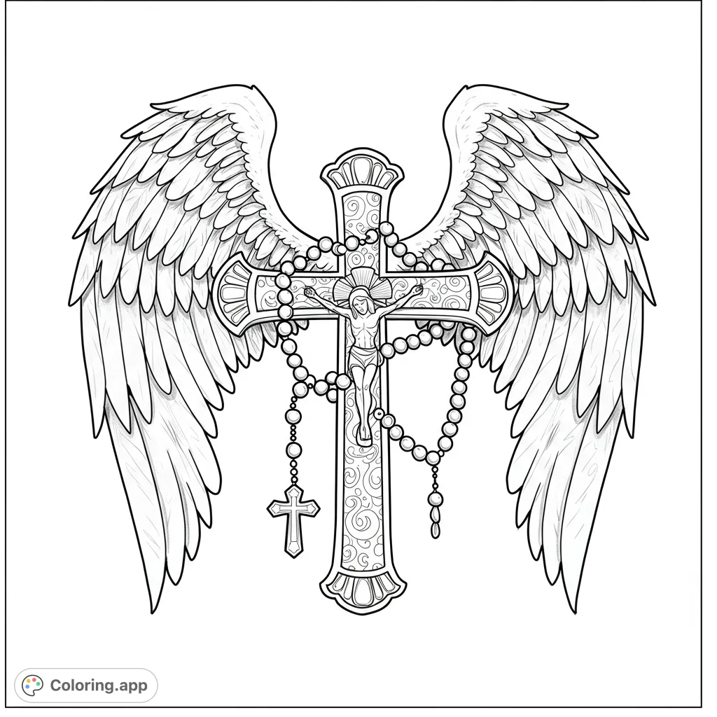 An ornate cross with Jesus, flanked by majestic angel wings and draped with a rosary. A detailed spiritual coloring page for reflection.