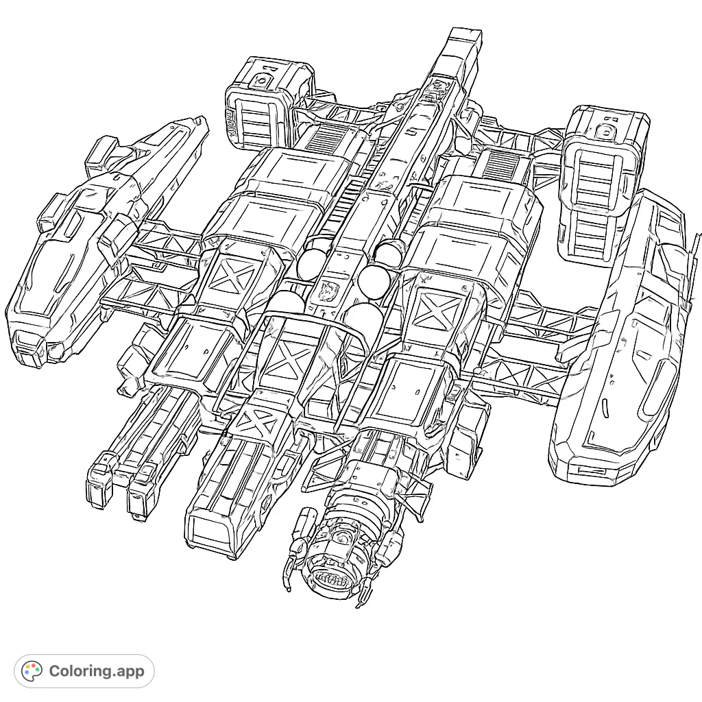 Explore a detailed futuristic cargo spaceship coloring page, perfect for sci-fi enthusiasts. A free printable coloring page with intricate mechanical details.