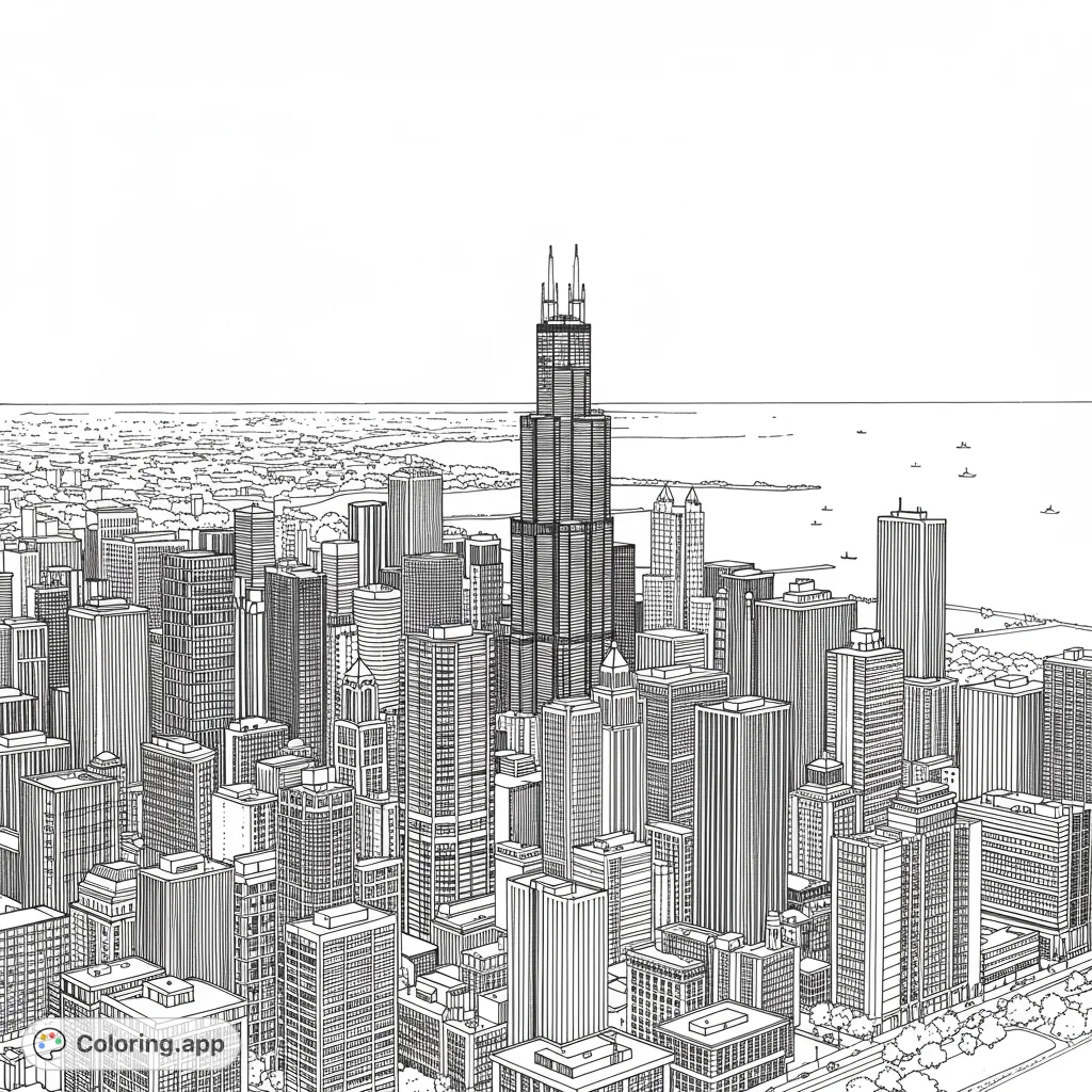 Chicago skyline coloring page. Detailed aerial view of downtown skyscrapers at sunset.