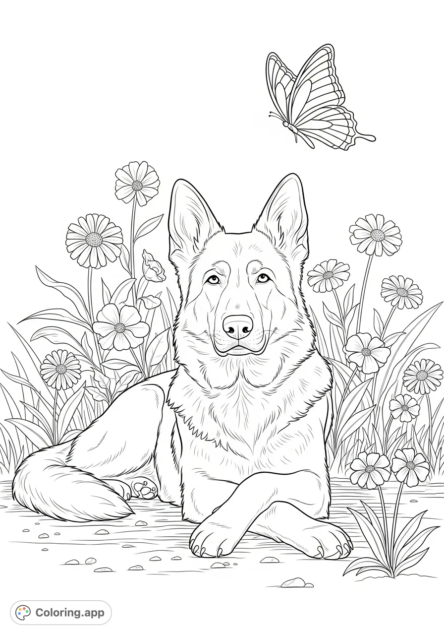 Discover a tranquil German Shepherd resting amidst a blooming garden, watched by a soaring butterfly. A peaceful scene ready for your creative touch.