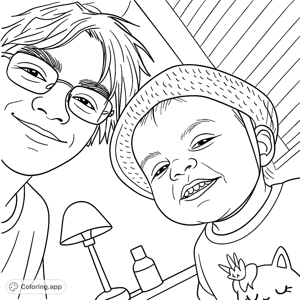 Capture a heartwarming parent-child selfie moment. A joyful adult and a smiling child in a hat, perfect for family bonding.