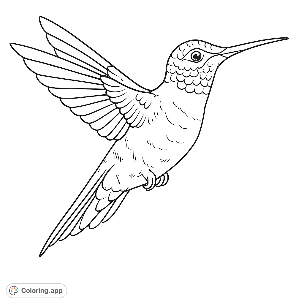 A beautiful hummingbird in flight, ready for vibrant colors. This free printable hummingbird coloring page offers intricate details for a delightful coloring experience.