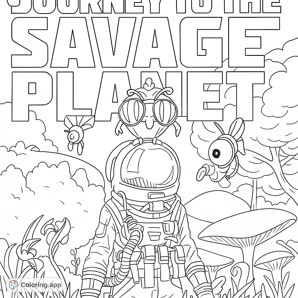 Explore a vibrant alien planet with an astronaut and friendly creatures. A free printable space adventure coloring page for all ages.