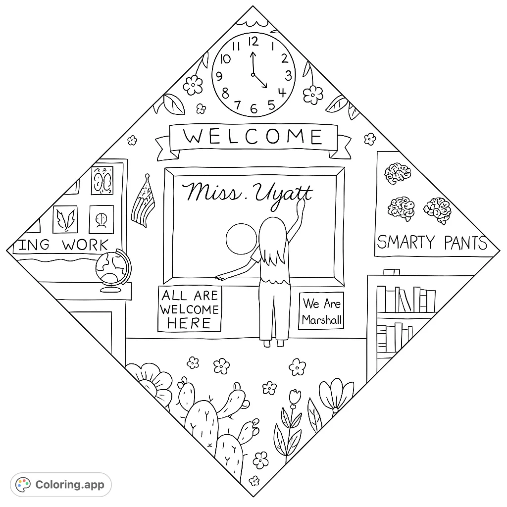 A charming classroom welcome scene featuring a teacher at a blackboard, surrounded by school elements, all within a unique diamond shape. Perfect for learning fun!