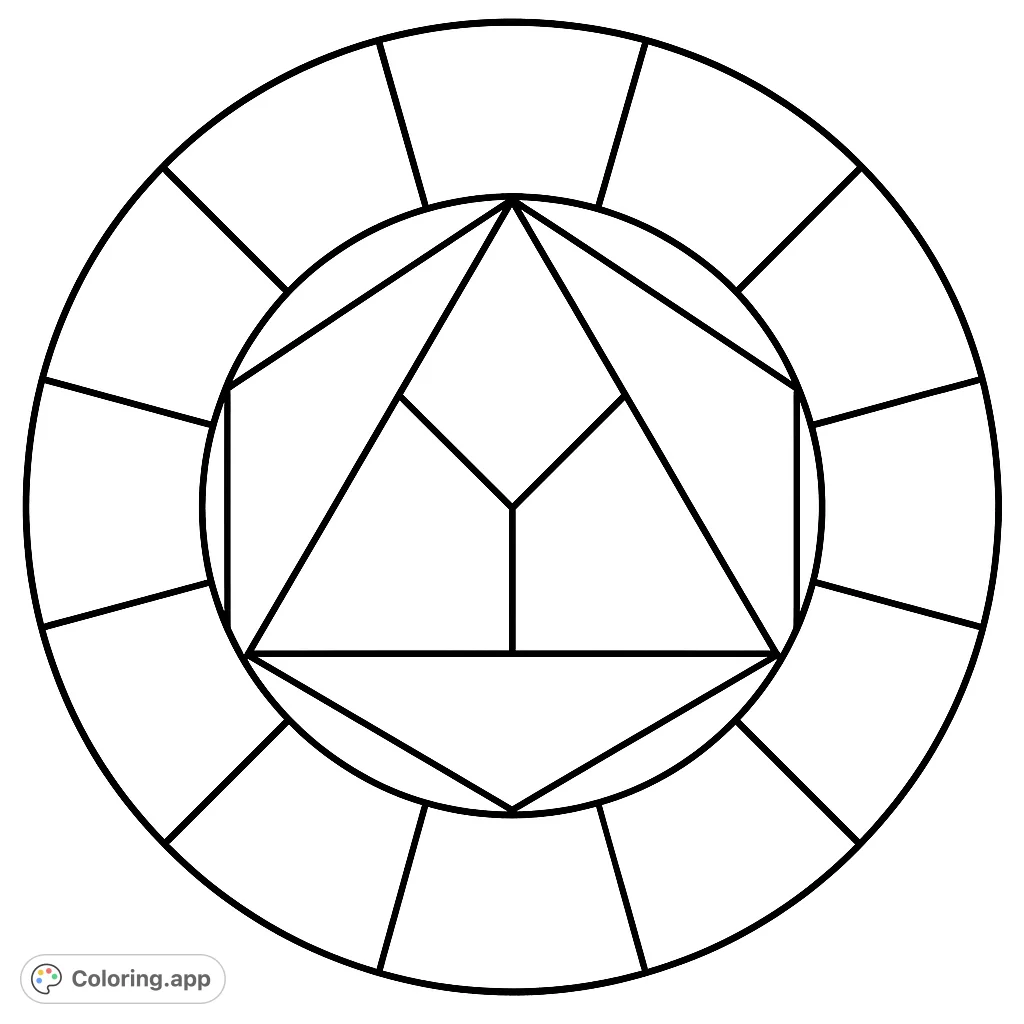 A captivating geometric circle pattern coloring page, perfect for exploring color theory and mindfulness. Features concentric circles and intricate inner shapes.