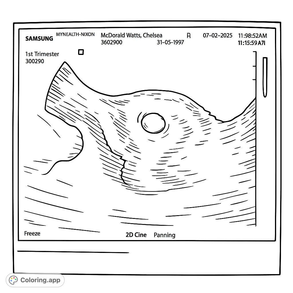 Celebrate new beginnings with this pregnancy ultrasound coloring page, featuring a fetal sac and embryo, perfect for expectant parents.