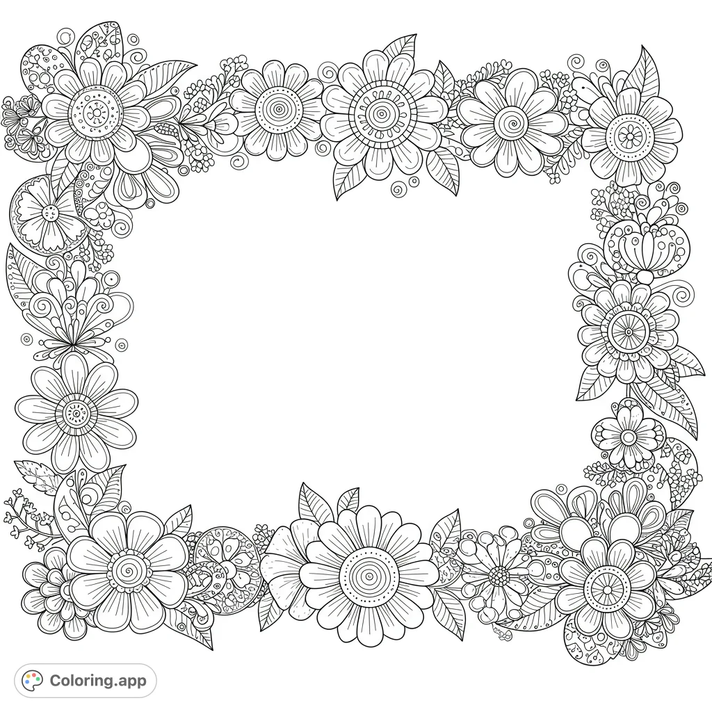 An intricate floral frame coloring page featuring diverse flowers and leaves, perfect for relaxation and creative expression. Free printable.