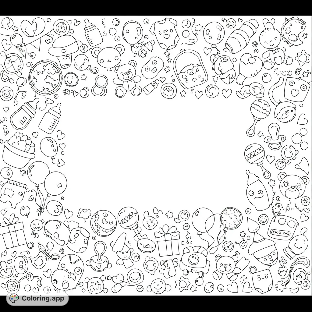 A delightful baby shower coloring page featuring a charming border of baby items like bottles, bears, and rattles, perfect for celebrations.