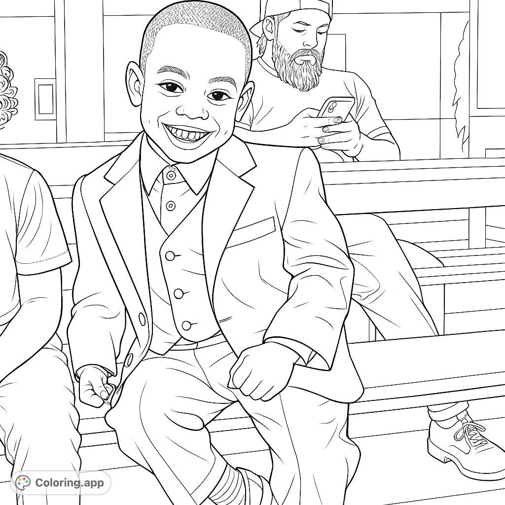 A joyful young boy in a suit smiles brightly on a bench, with a man on his phone in the background. A free printable family moment coloring page.